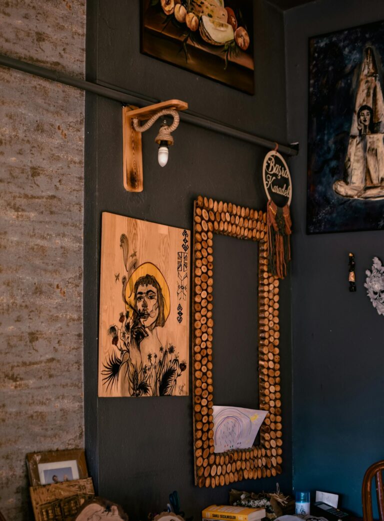 Captivating corner of a room with unique artwork and decorative elements enhancing the ambiance.